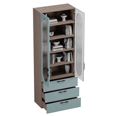 Шкаф книжный с тремя ящиками со стеклом, фрезерованные фасады в эмали LE213S