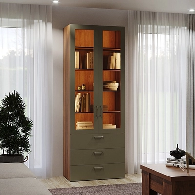 Шкаф книжный с тремя ящиками со стеклом L213S с подсветкой