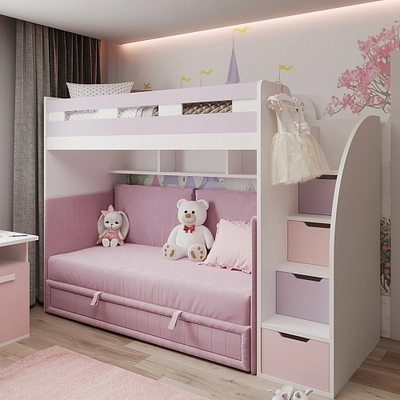 Кровать чердак с раскладным диваном для девочки