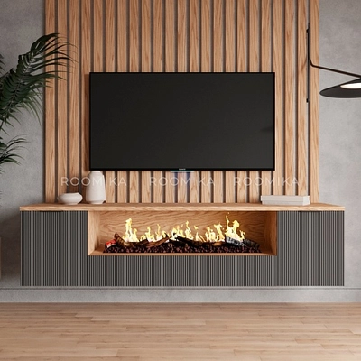 Тумба ТВ навесная с электрокамином, фрезерованные фасады в эмали LE549.451