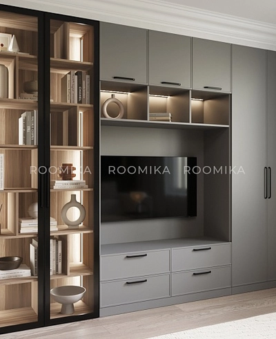 Шкаф-стеллаж со стеклянными фасадами с подсветкой R212