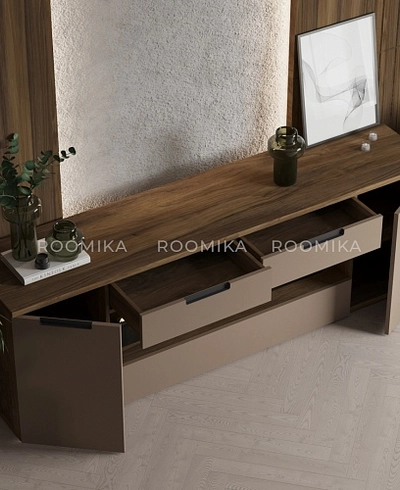 Тумба ТВ навесная с электрокамином, фасады в эмали LE550.450