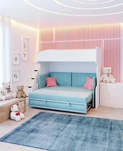 Кровать двухъярусная с раздвижным диваном для подростка девочки