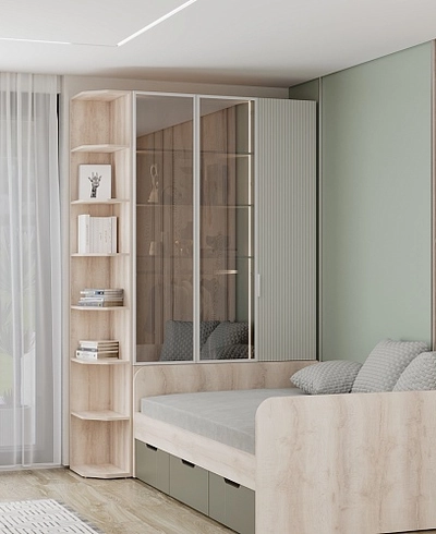 Шкаф трехдверный со стеклом в профиле с подсветкой, фрезерованные фасады в эмали LEF212.4-120 L/R