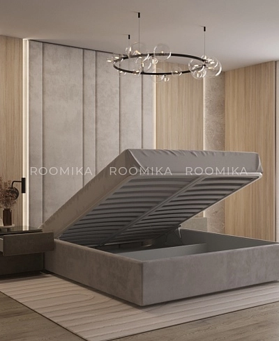 Cпальня с мягкой стеновой панелью и кроватью подиумом 1