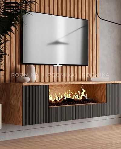 Тумба ТВ навесная с электрокамином, фрезерованные фасады в эмали LE549.451