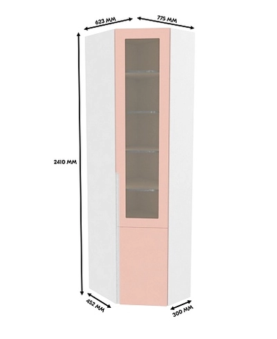 Шкаф угловой книжный со стеклом разносторонний с подсветкой, фасады в эмали LE247.44 L/R