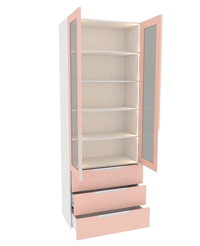 Шкаф книжный с тремя ящиками со стеклом, фасады в эмали LE213S с подсветкой