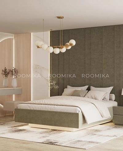 Cпальня с мягкой стеновой панелью и кроватью подиумом 2