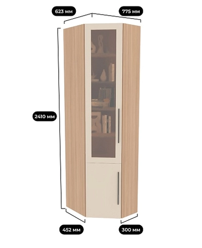 Шкаф угловой книжный со стеклом разносторонний с подсветкой L247.44 L/R