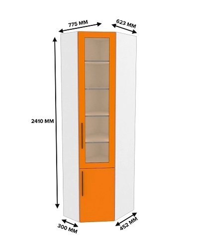Шкаф угловой книжный со стеклом разносторонний с подсветкой L247.44 L/R