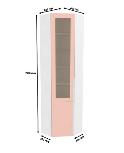 Шкаф угловой книжный со стеклом, фасады в эмали LE247 с подсветкой