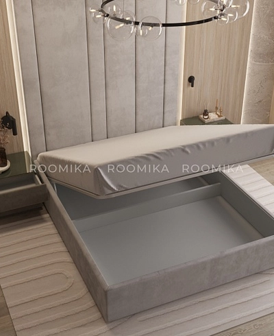 Cпальня с мягкой стеновой панелью и кроватью подиумом 1