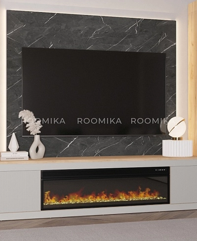 Тумба ТВ напольная с электрокамином, фрезерованные фасады в эмали LE546