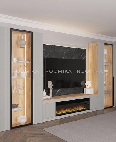 Шкаф-витрина с подсветкой, фрезерованные фасады в эмали R252