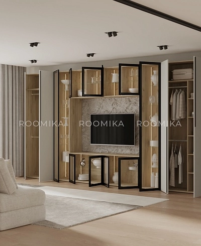 Шкаф со стеклянными фасадом полки стекло с подсветкой R220.1