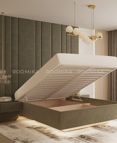 Cпальня с мягкой стеновой панелью и кроватью подиумом 2