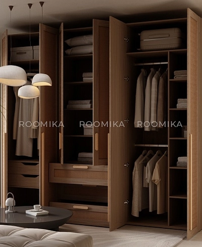 Шкаф книжный/для одежды с тремя ящиками, фасады натуральный ротанг L213