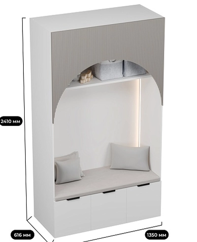 Шкаф с нишей, ящиками и сидушкой с подсветкой,фрезерованные фасады в эмали с подсветкой LЕ433.60