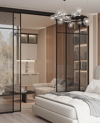 Прозрачная межкомнатная перегородка для спальни, стекло Титан GRACE 7