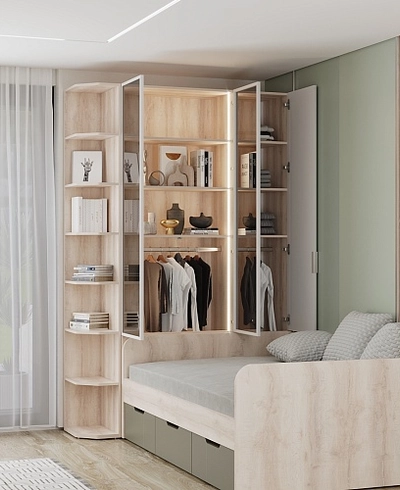 Шкаф трехдверный со стеклом в профиле с подсветкой, фрезерованные фасады в эмали LEF212.4-120 L/R