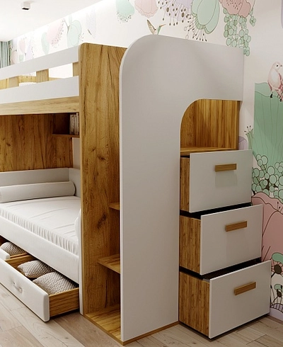 Кровать двухъярусная с диваном для подростка с лестницей комодом