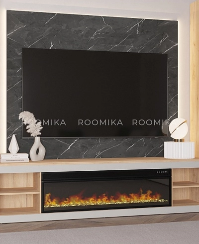 Тумба ТВ напольная с электрокамином, фрезерованные фасады в эмали LE546