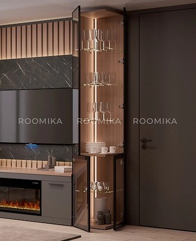 Шкаф завершающий для посуды со стеклянными дверьми в алюминиевом профиле с подсветкой R225