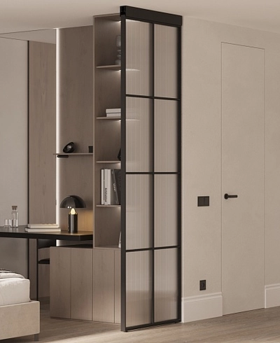 Стеклянная перегородка для зонирования квартиры студии, стекло Эстриадо GRACE 12