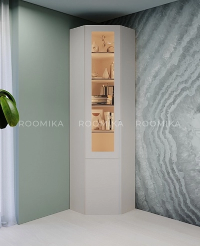 Шкаф угловой книжный со стеклом, фасады в эмали LE247 с подсветкой