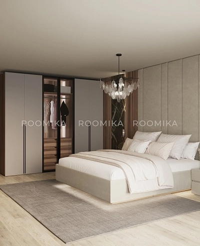 Cпальня с мягкой стеновой панелью и кроватью подиумом 3