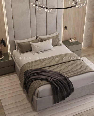 Cпальня с мягкой стеновой панелью и кроватью подиумом 1