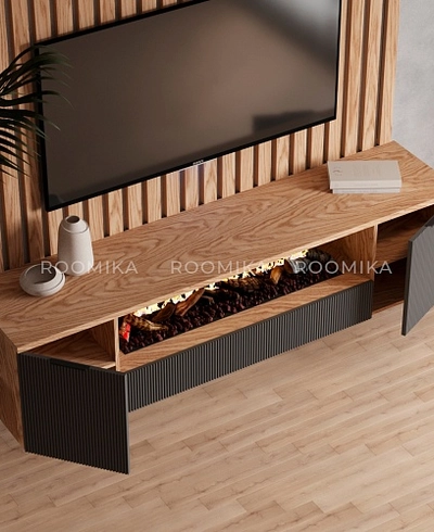 Тумба ТВ навесная с электрокамином, фрезерованные фасады в эмали LE549.451