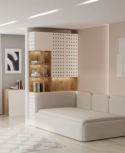 Шкаф двухдверный с фальш стенкой и нишей с подсветкой, фрезерованные фасады в эмали LE212.3