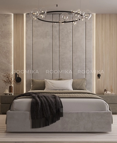 Cпальня с мягкой стеновой панелью и кроватью подиумом 1