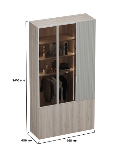 Шкаф трехдверный со стеклом в профиле с подсветкой, фрезерованные фасады в эмали LEF212.4-120 L/R