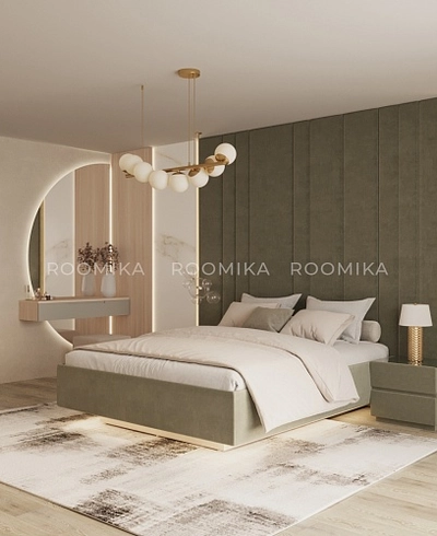 Cпальня с мягкой стеновой панелью и кроватью подиумом 2