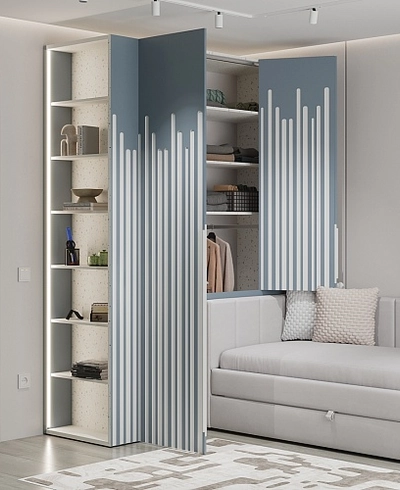 Шкаф двухдверный с фальш-стенкой и раздвижжными дверьми, фрезерованные фасады в эмали LE205 L/R