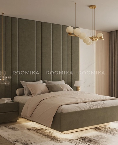 Cпальня с мягкой стеновой панелью и кроватью подиумом 2