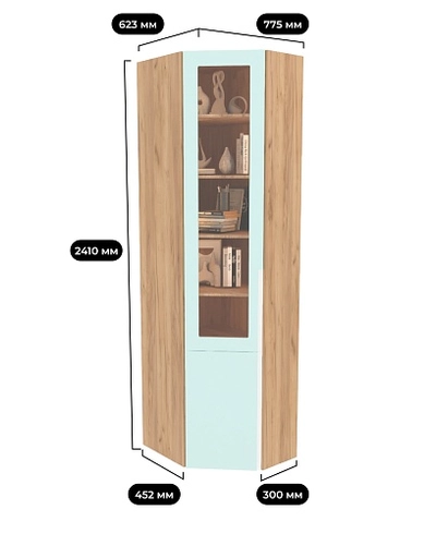 Шкаф угловой книжный со стеклом разносторонний с подсветкой, фасады в эмали LE247.44 L/R