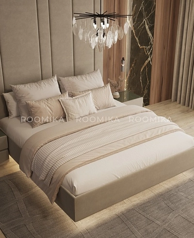 Cпальня с мягкой стеновой панелью и кроватью подиумом 3