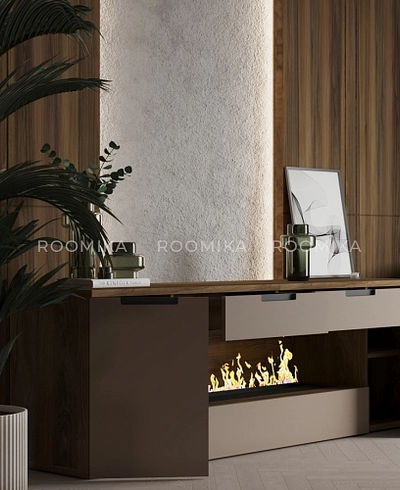 Тумба ТВ навесная с электрокамином, фасады в эмали LE550.450