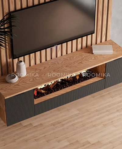 Тумба ТВ навесная с электрокамином, фрезерованные фасады в эмали LE549.451