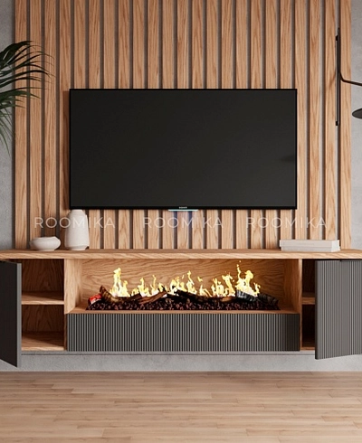 Тумба ТВ навесная с электрокамином, фрезерованные фасады в эмали LE549.451