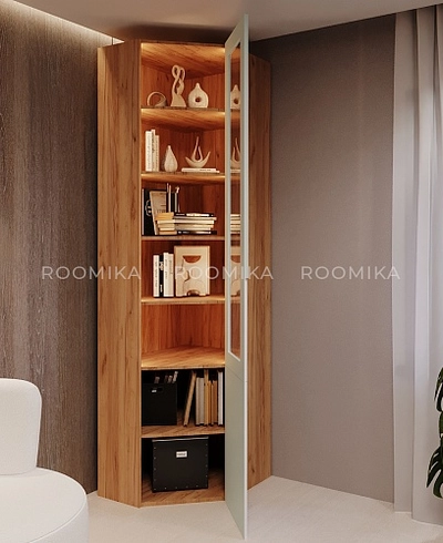 Шкаф угловой книжный со стеклом разносторонний с подсветкой, фасады в эмали LE247.44 L/R