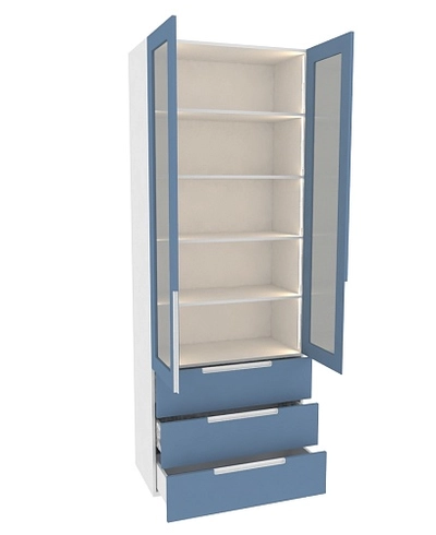 Шкаф книжный с тремя ящиками со стеклом, фасады в эмали LE213S с подсветкой