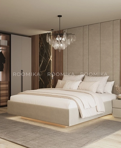 Cпальня с мягкой стеновой панелью и кроватью подиумом 3