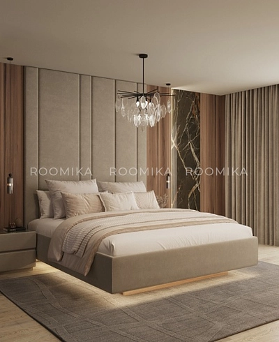 Cпальня с мягкой стеновой панелью и кроватью подиумом 3