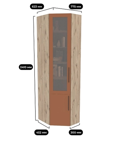 Шкаф угловой книжный со стеклом разносторонний с подсветкой L247.44 L/R