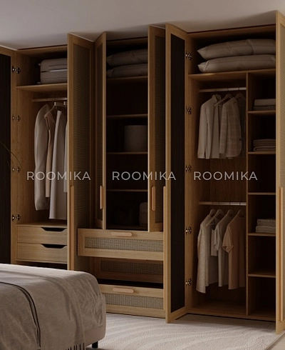 Шкаф книжный/для одежды с тремя ящиками, фасады натуральный ротанг L213